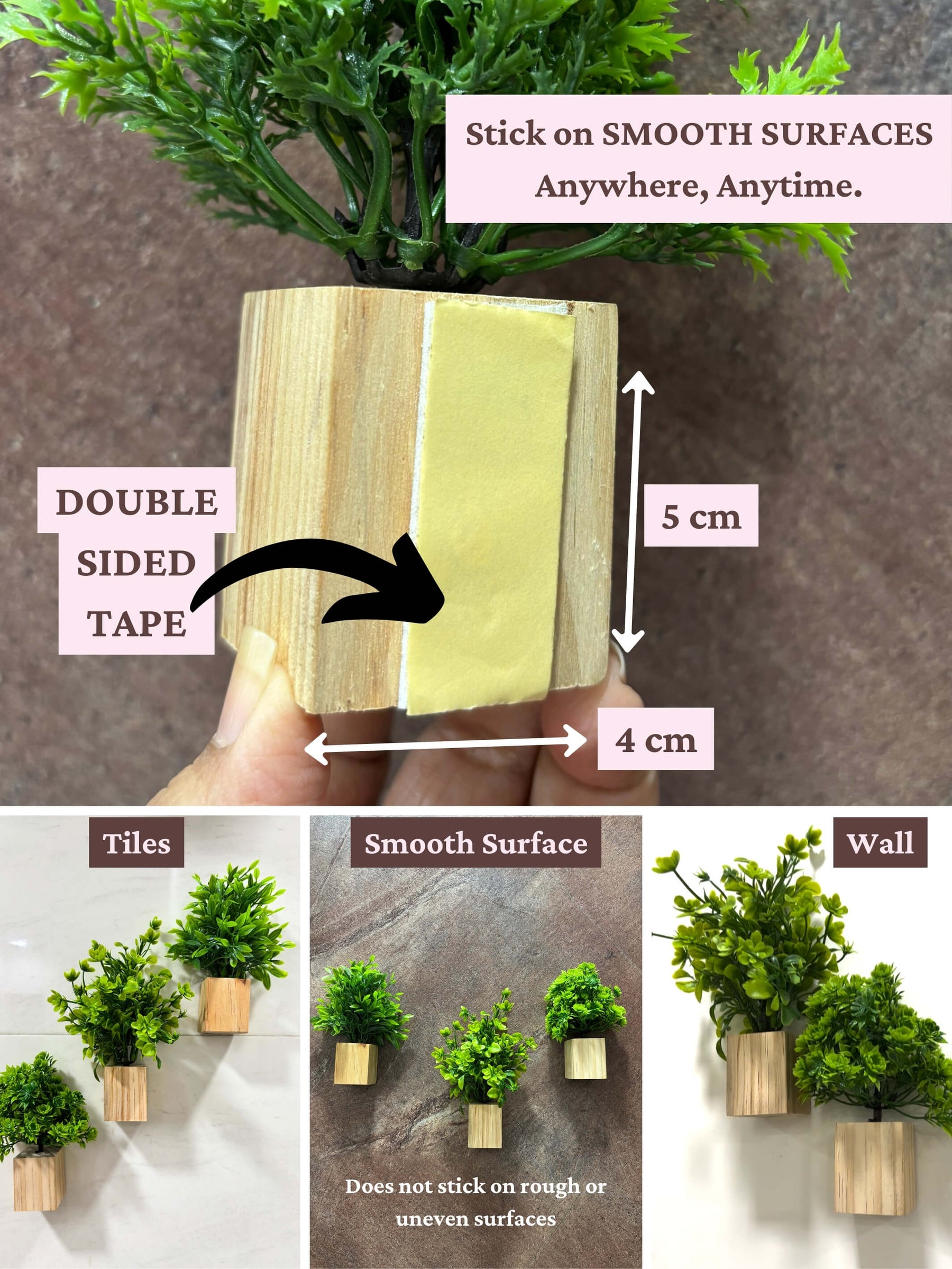 Mini Wall Wooden Planter with Plants - 3 pieces