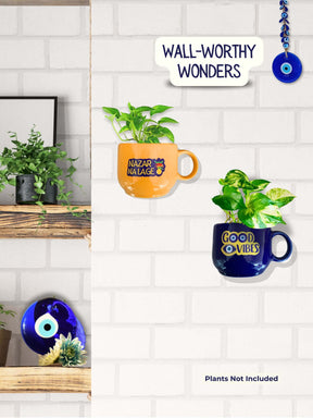 Ceramic Cup Planter (Good Vibes+Nazar Na Lage) (Set of 2)