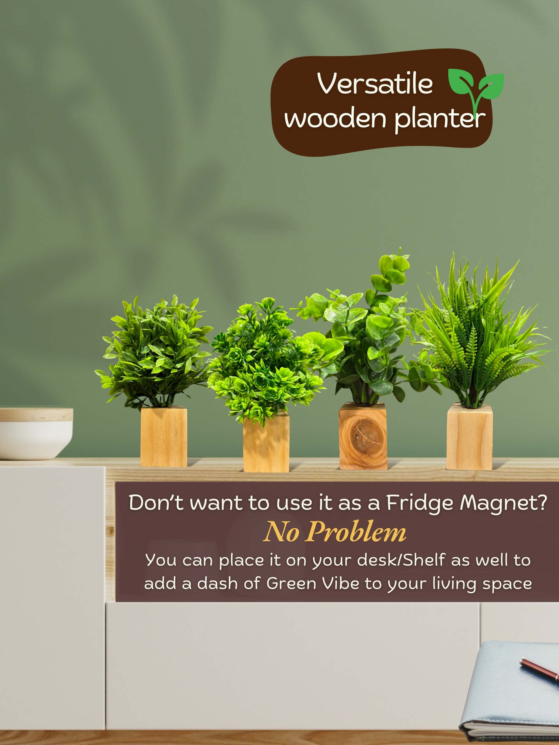 Magnetic Fridge Planter with Wooden Holder (set of 4)