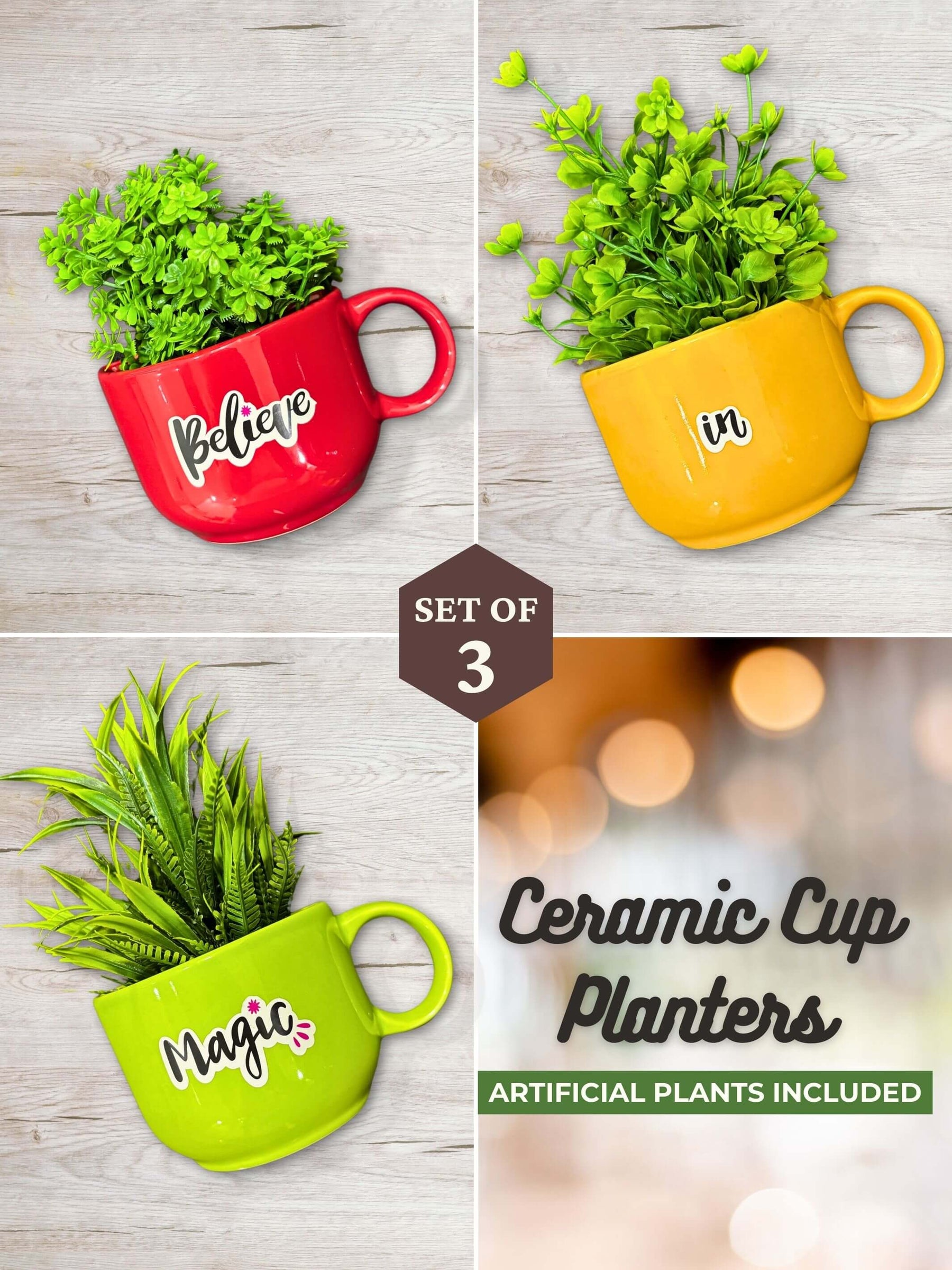 Ceramic Cup Planter (Believe In Magic) (Set of 3)