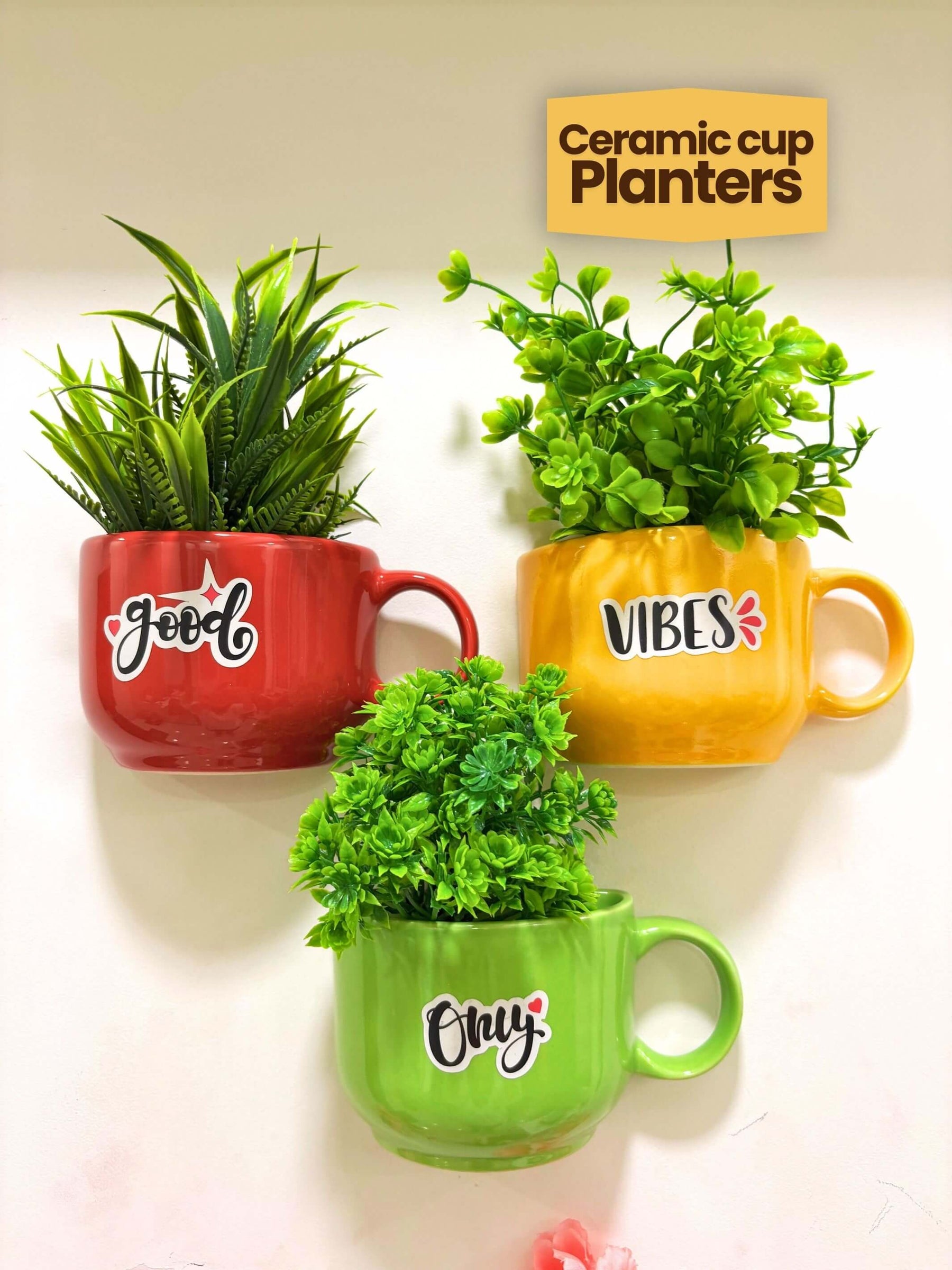 Ceramic Cup Planter (Good Vibes Only) (Set of 3)