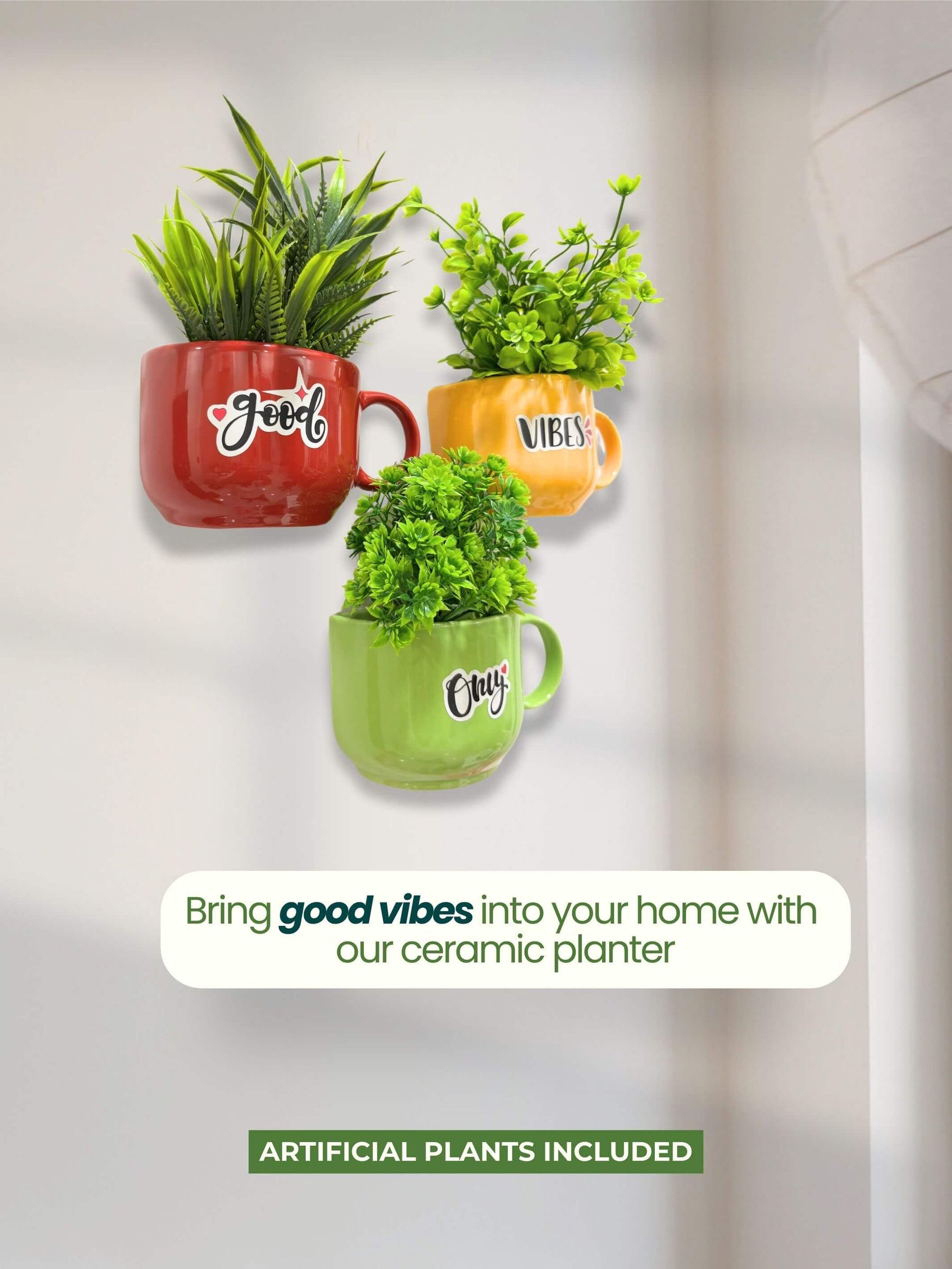 Ceramic Cup Planter (Good Vibes Only) (Set of 3)