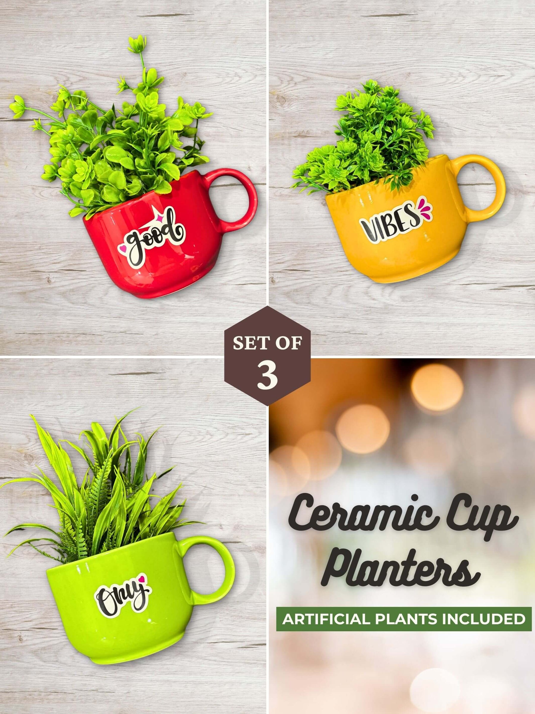 Ceramic Cup Planter (Good Vibes Only) (Set of 3)