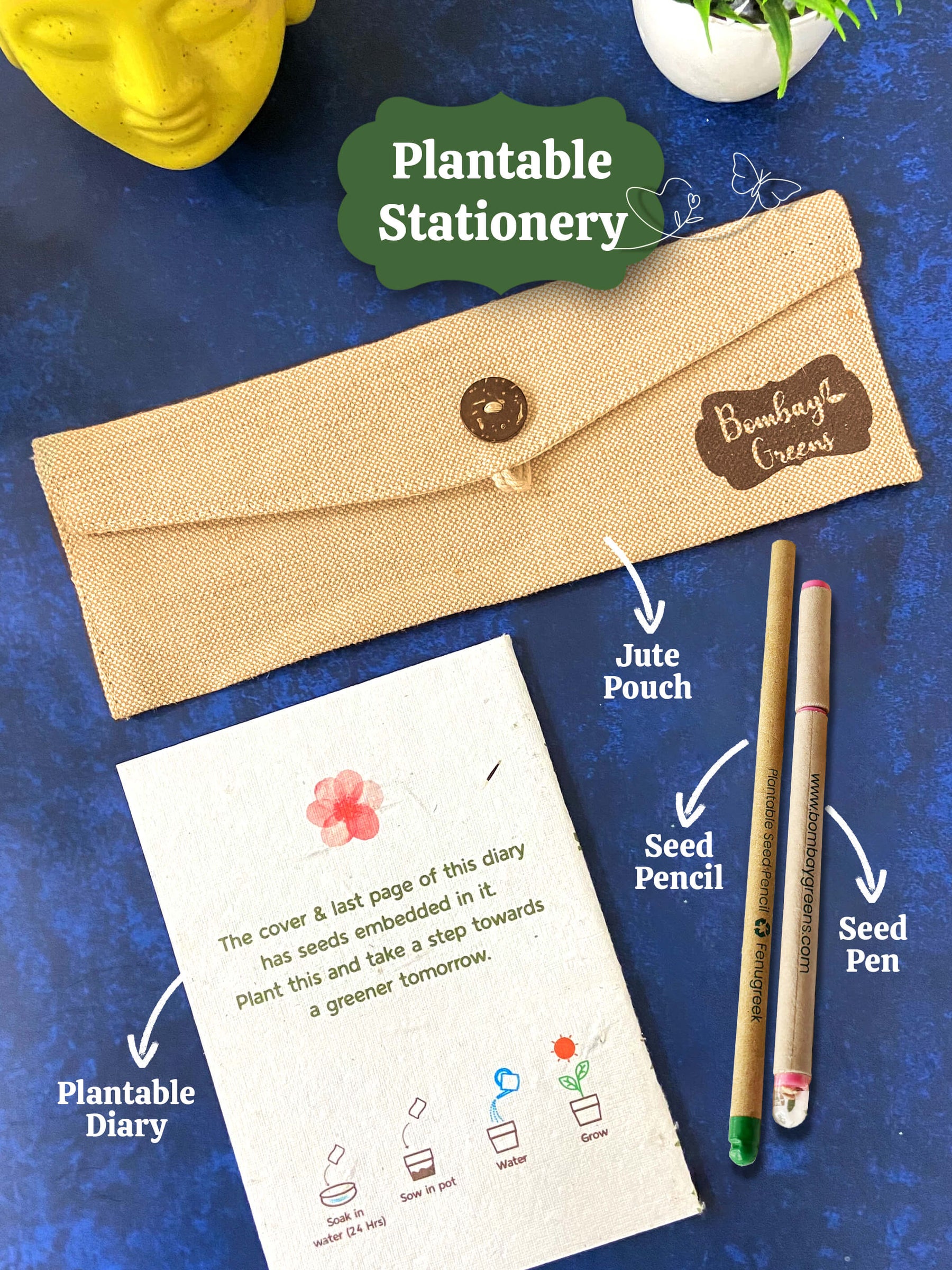 Plantable Stationery - Seed Diary, Seed Pens & Pencils in Jute Pouch