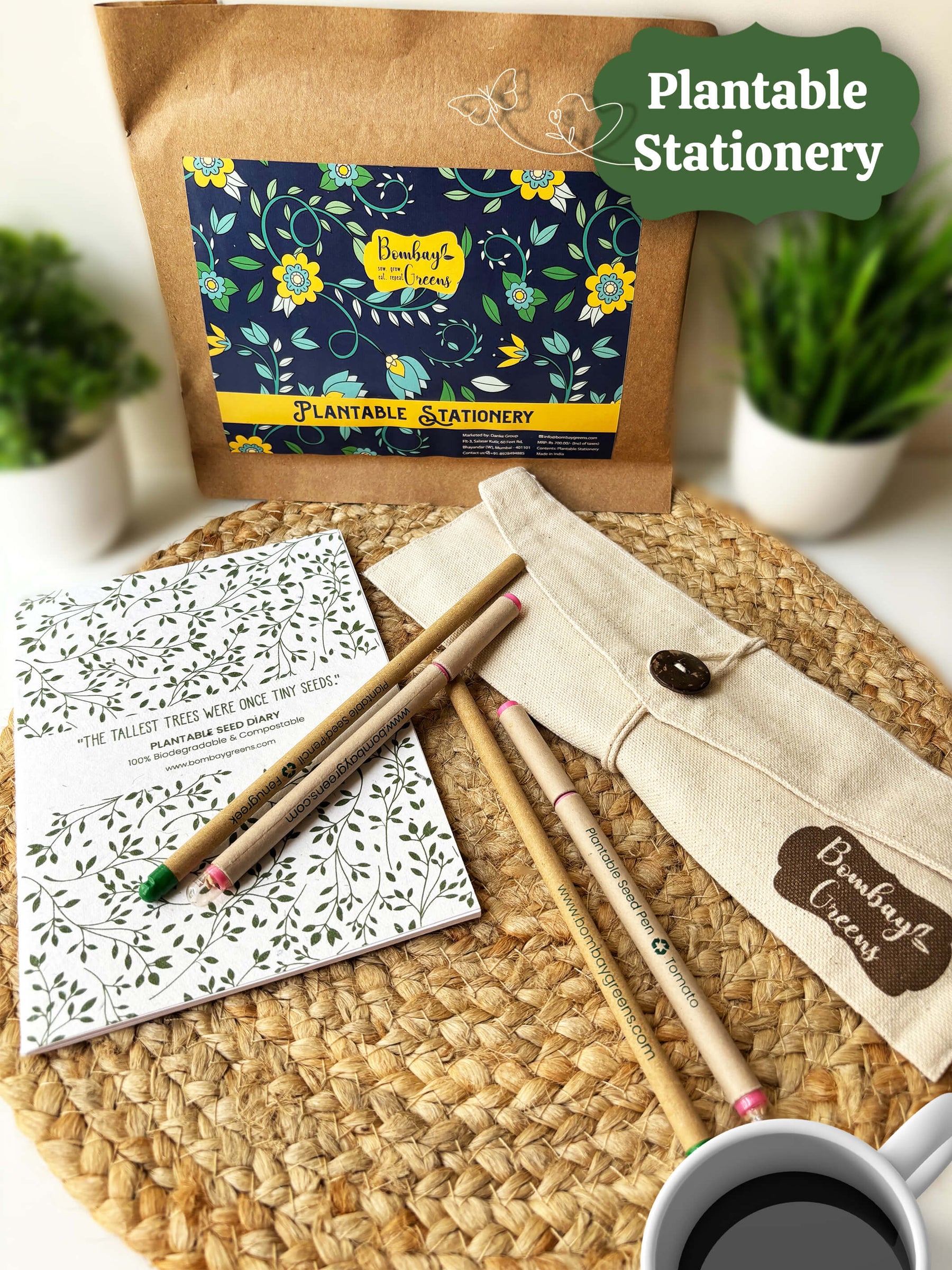 Plantable Stationery - Seed Diary, Seed Pens & Pencils in Jute Pouch