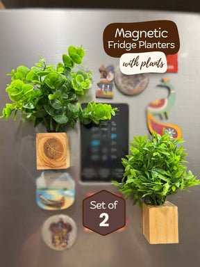 Magnetic Fridge Wooden Planter with Plants-  2 pieces