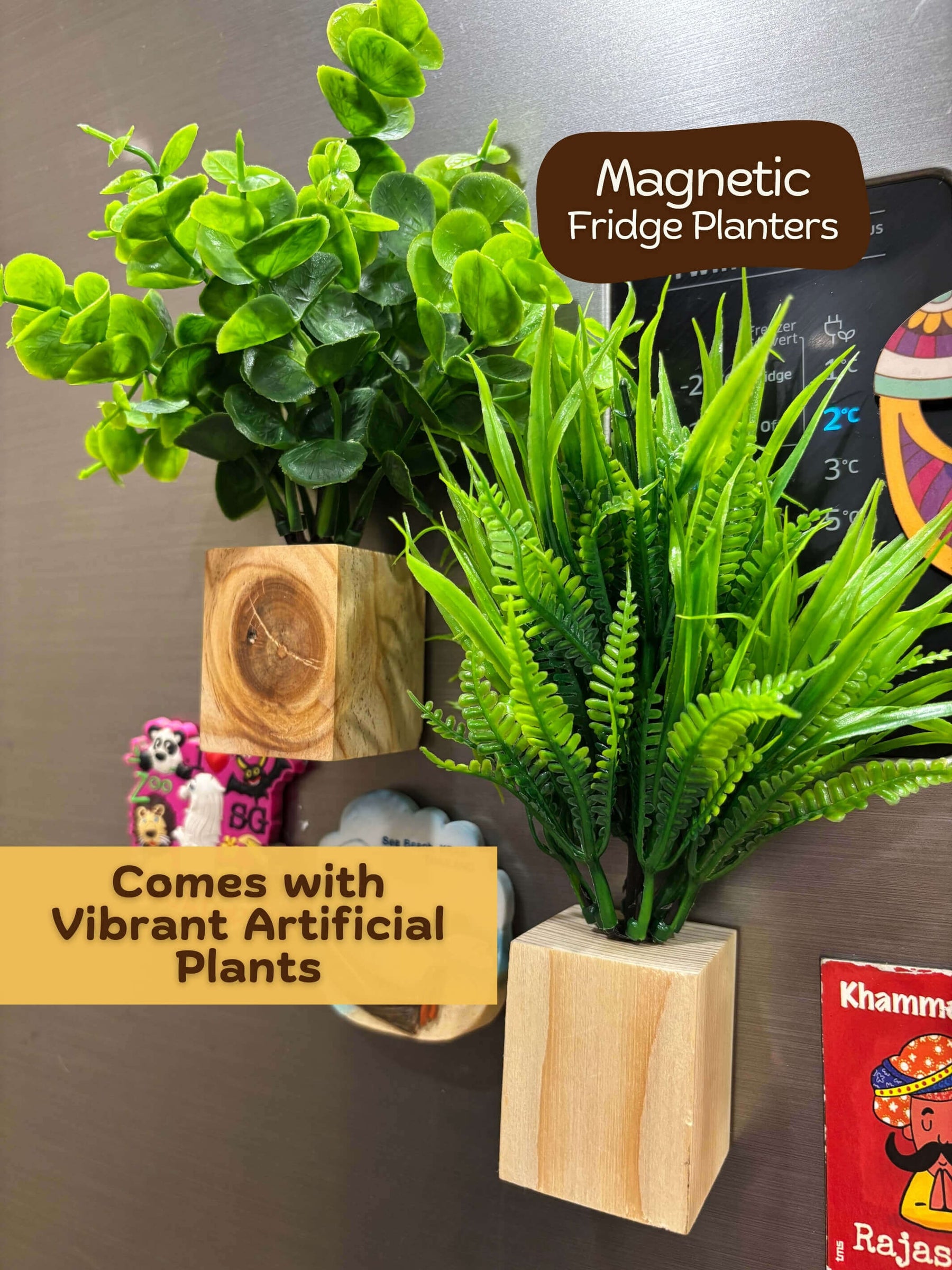 Magnetic Fridge Wooden Planter with Plants-  2 pieces