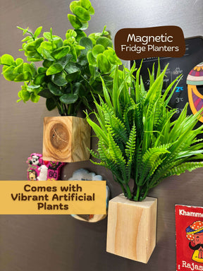 Magnetic Fridge Wooden Planter with Plants-  2 pieces