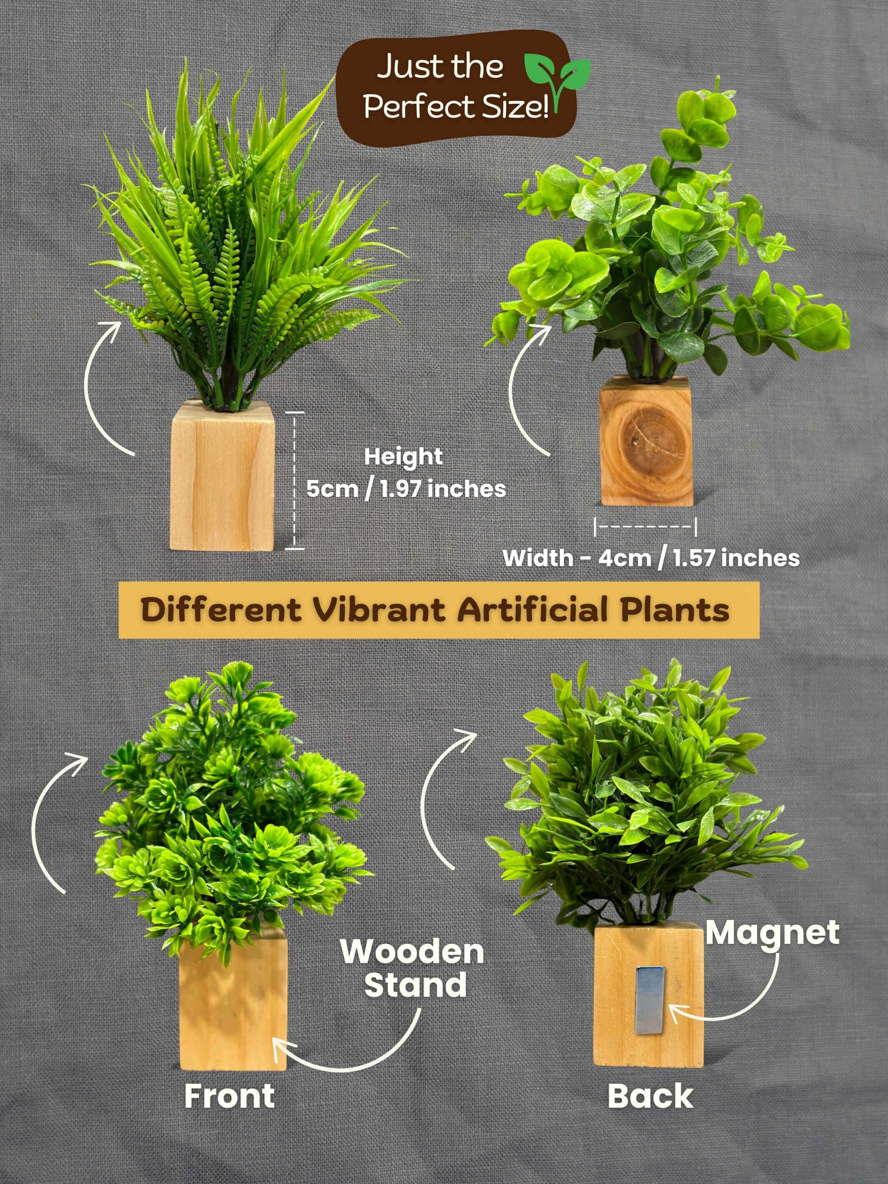 Magnetic Fridge Wooden Planter with Plants-  2 pieces