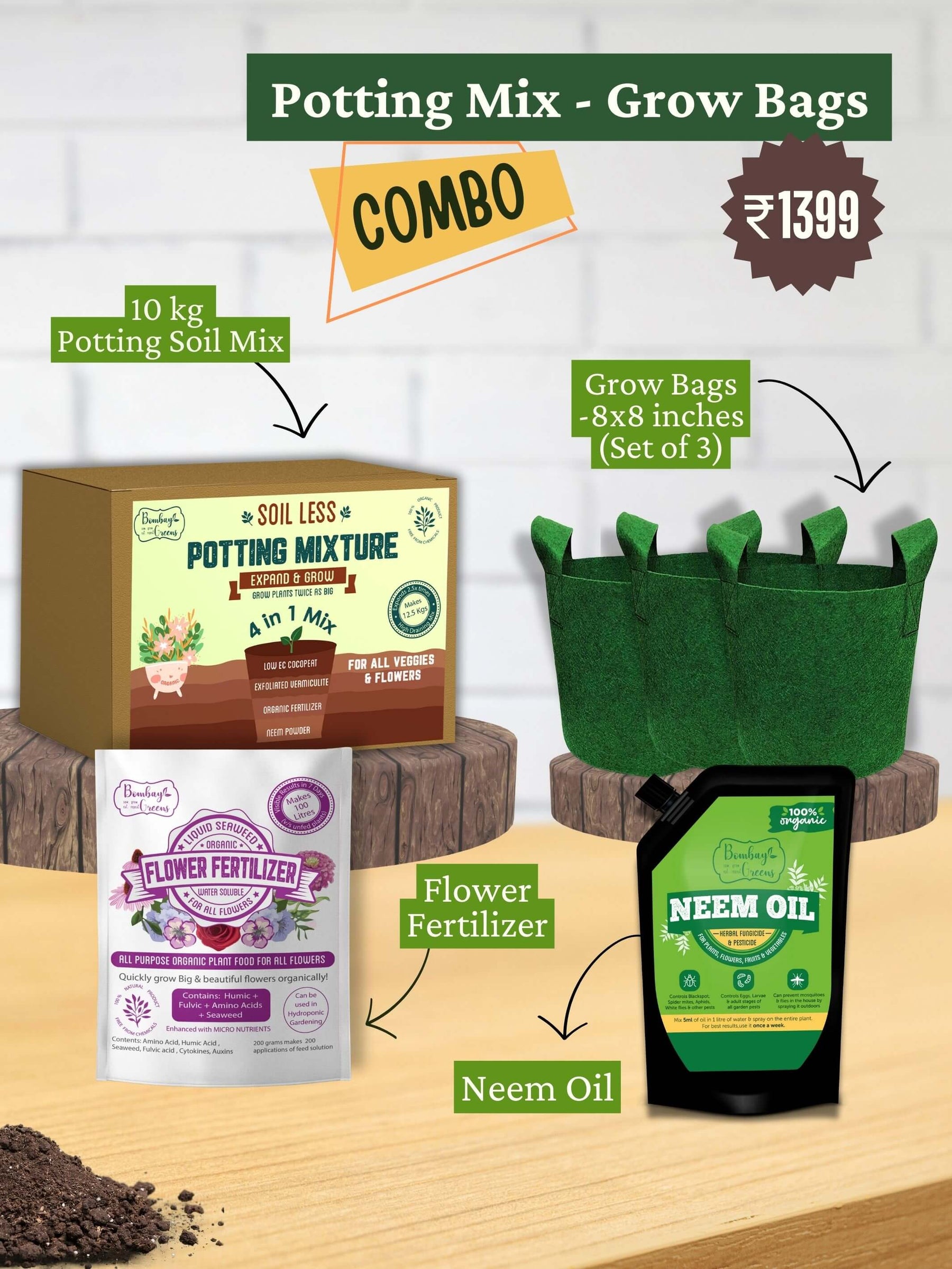 Beginners Kit for Gardening - Organic Soil, Fertilizer, Neem Oil
